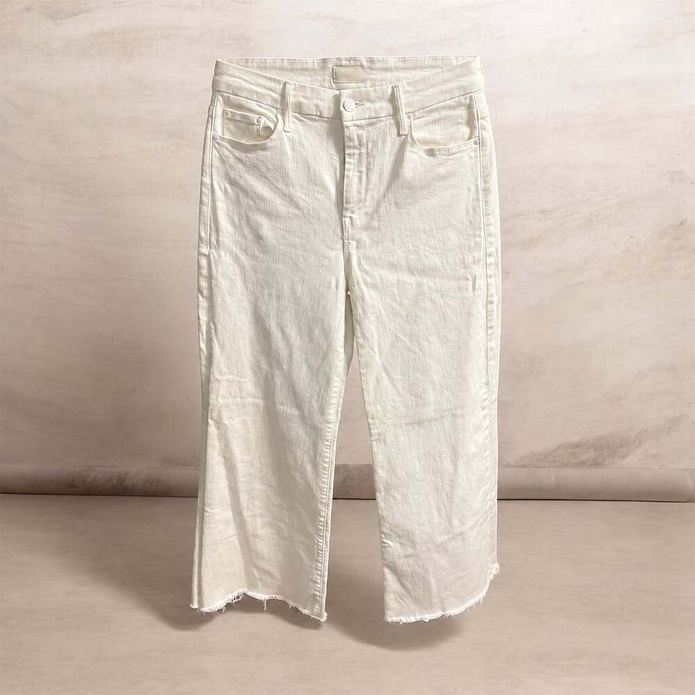 MOTHER Lil Roller Fray Jeans Womens 31 White Petite High Rise Wide Leg Raw Hem